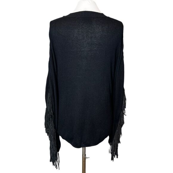 Ecru boho Luxury Suede Fringe Trim V-Neck Pullover Poncho Sweater - Picture 4 of 6
